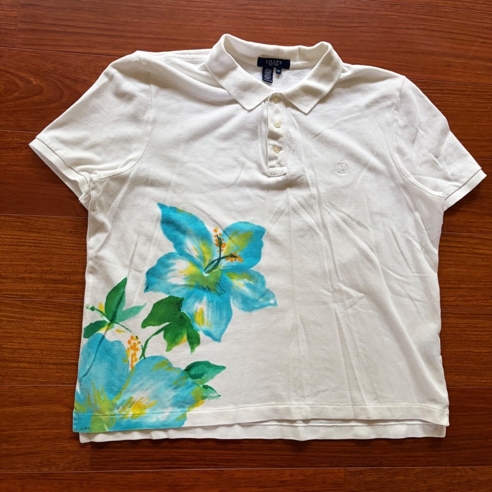 Vintage Graphic Floral Print Chaps Polo Shirt Graphic Y2K White Cotton Boxy Fit